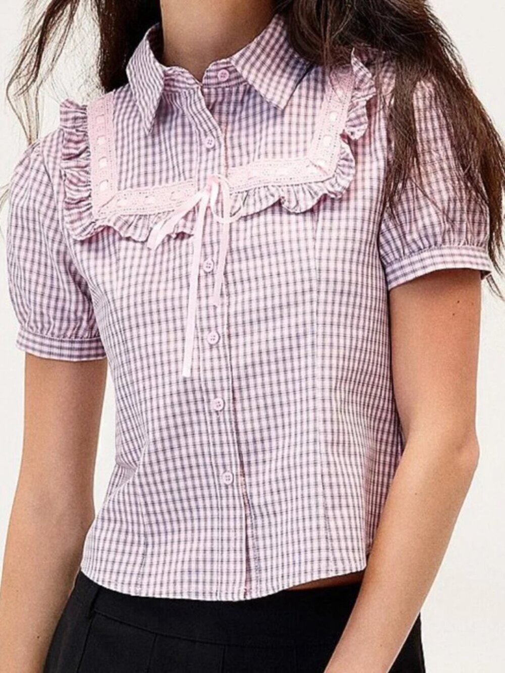 Lace ribbon puff-sleeve shirt - Picture 3 of 3